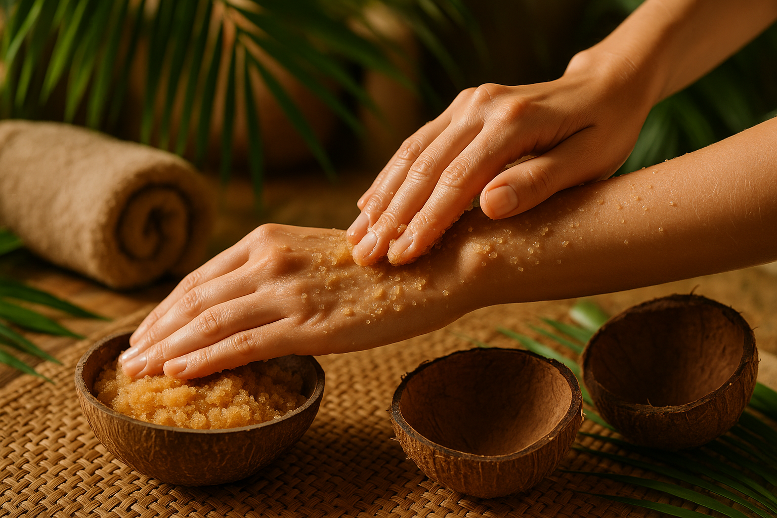 Texture gommage sucre canne roux coco vierge exfoliation peau soyeuse tropicale
